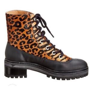 Schutz Malfada Leather Ponyhair Leopard Lace Up Combat Boots 9.5